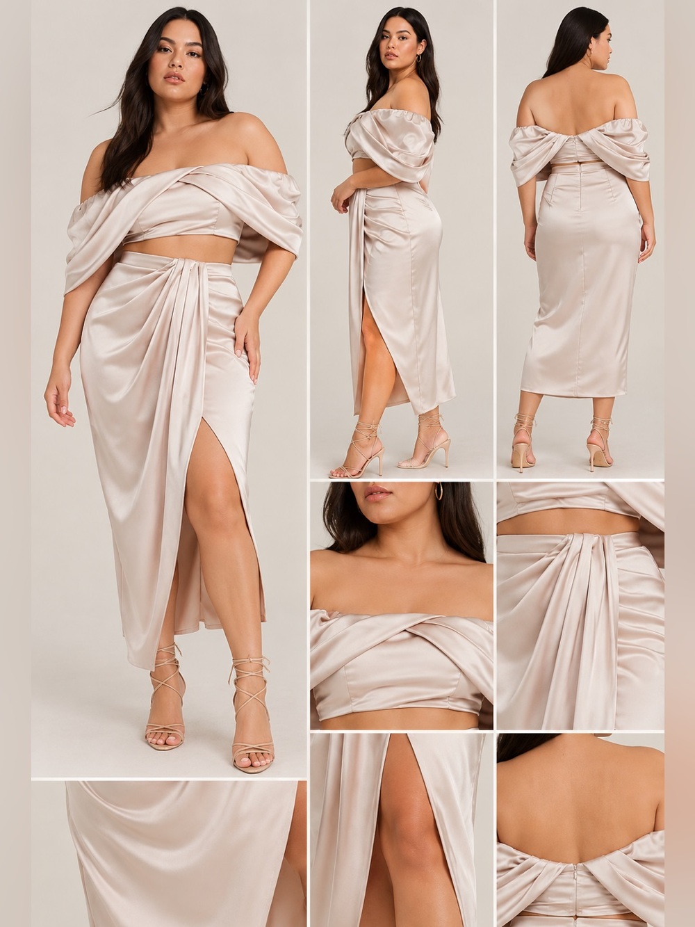 ASOS Satin Draped Off-Shoulder Top and Skirt Set in Champagne Pink Blush